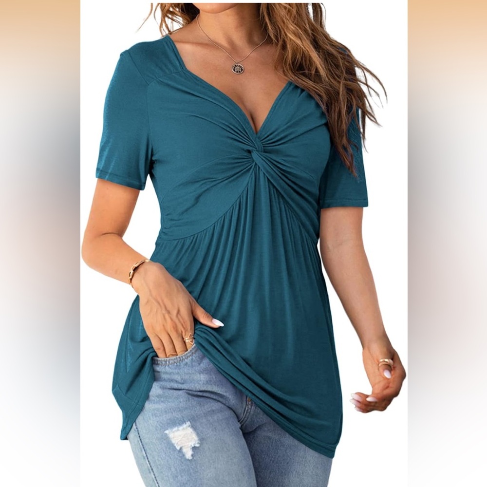 NWT Front Knotted V-Neck Blouse Short Sleeve Lake Blue Color Size XLarge 🦋